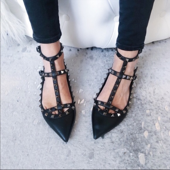 Valentino Shoes - Valentino Noir Black Rockstud Caged Leather Flats